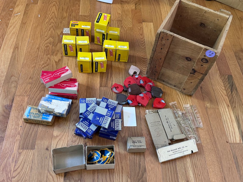 Vintage Office Supples in Wooden Crate