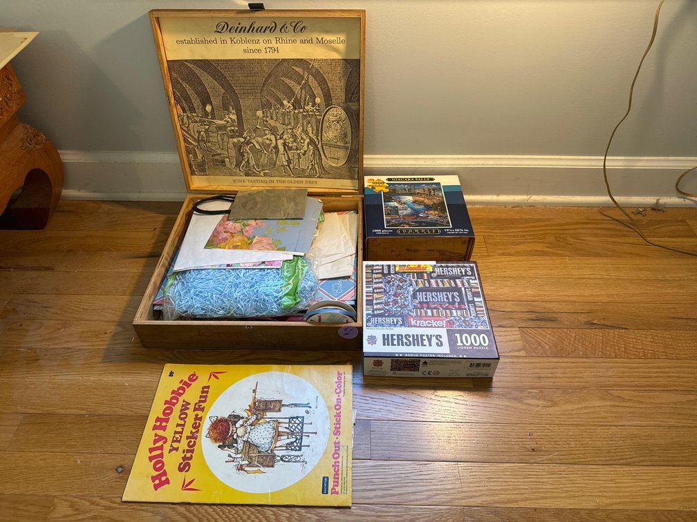 1977 Holly Hobbie Sticker Book Puzzles and Gift Wrap In Wooden Box