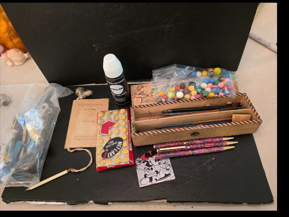 Pens, Thumb Tacks, vintage paper dance card program from a Hood College Sophomore-Freshman Spring Hop dated Saturday, April 20, 1929.,etc