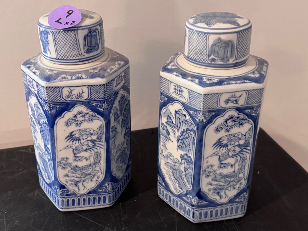 Blue and White Hexagonal Porcelain Tea / Ginger Jars x2