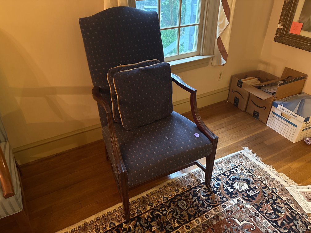 Chippendale Style Upholstered Armchair – Dark Blue Patterned Fabric