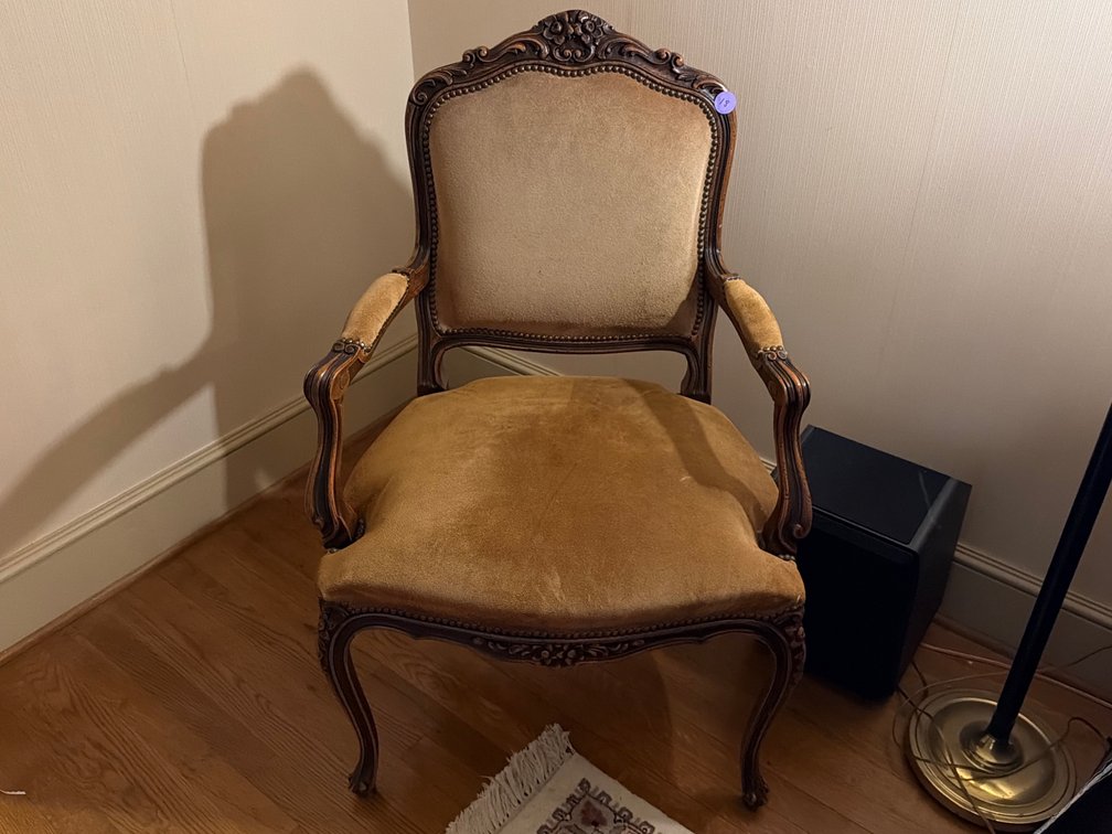 Vintage French Provincial Carved Wood Accent Armchair with Velvet Upholstery