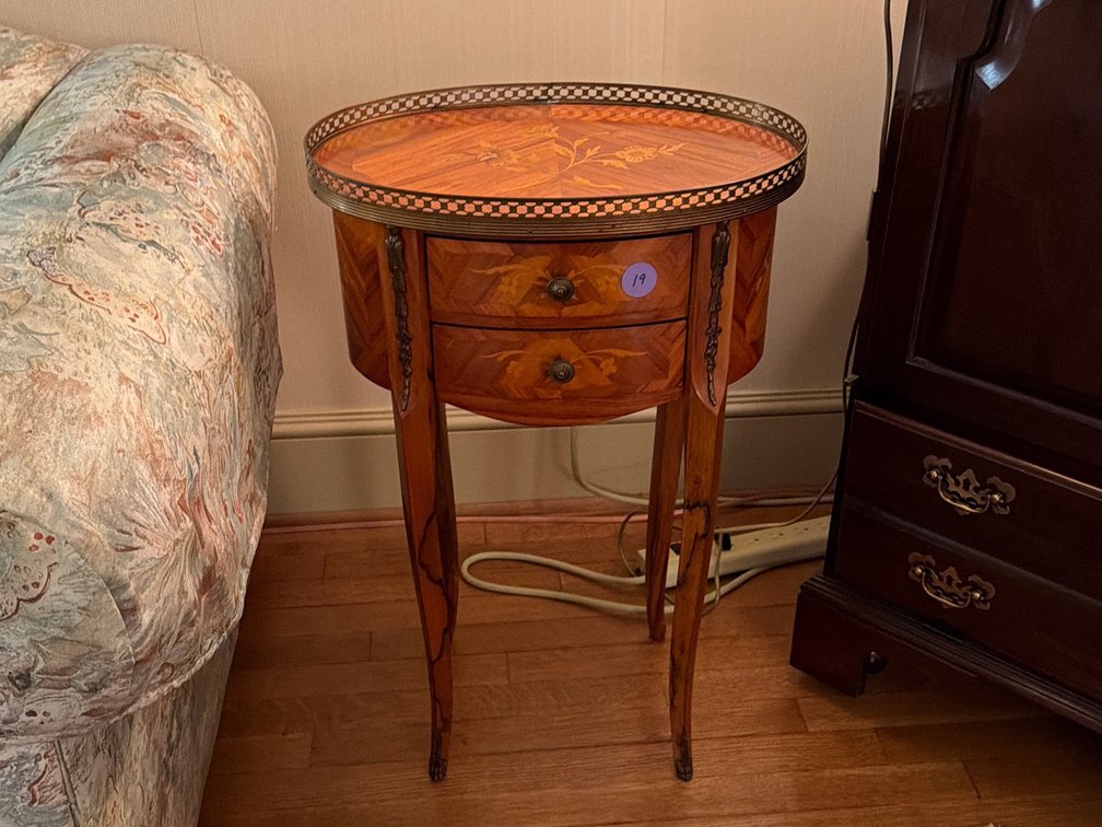 Antique Style Floral Marquetry Wood Accent Table with Gallery Edge and Drawers