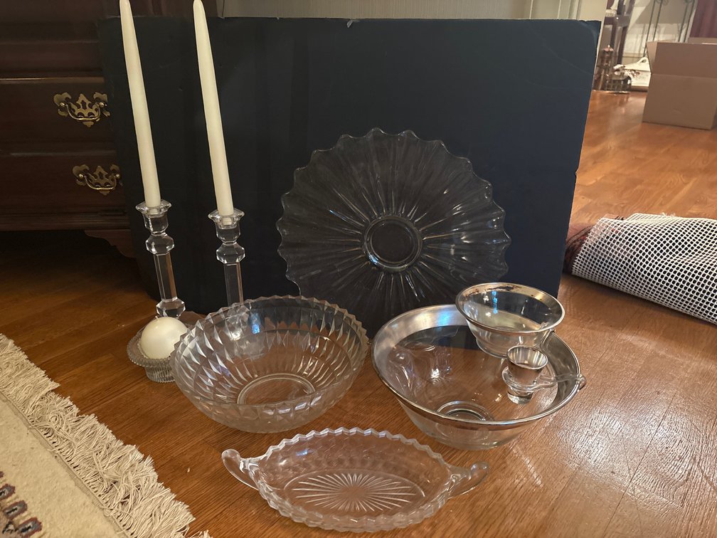 Clear Cut & Pressed Glass Tableware Lot – Bowls, Candlesticks, Tray
