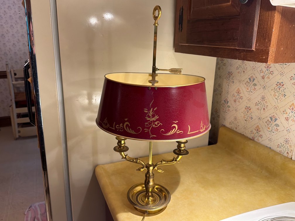 Vintage Brass Double-Arm Table Lamp with Burgundy & Gold Accent
