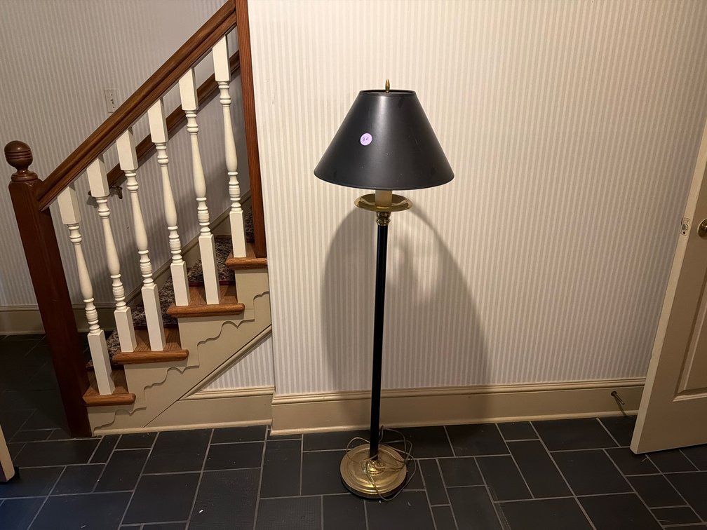 Vintage Brass and Black Column Floor Lamp with Tole Shade