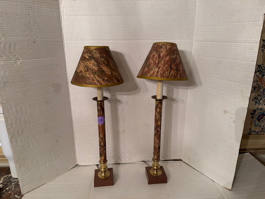 Pair of Vintage Faux Marble Patterned Column Table Lamps with Matching Shades
