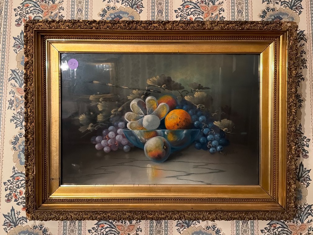Vintage Still Life Fruit Painting in Ornate Gold Gilt Frame