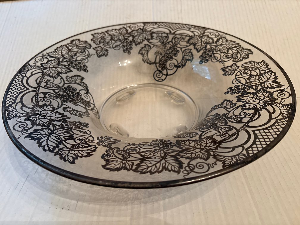 Sterling Silver Overlay Clear Glass Centerpiece Bowl – Grape & Vine Motif