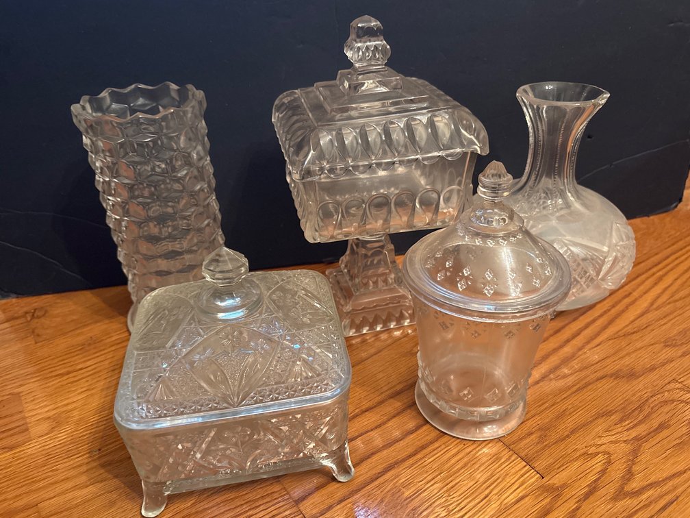 Clear Cut Glass Lot – Lidded Pedestal Dish, Trinket Boxes & Fluted Vase