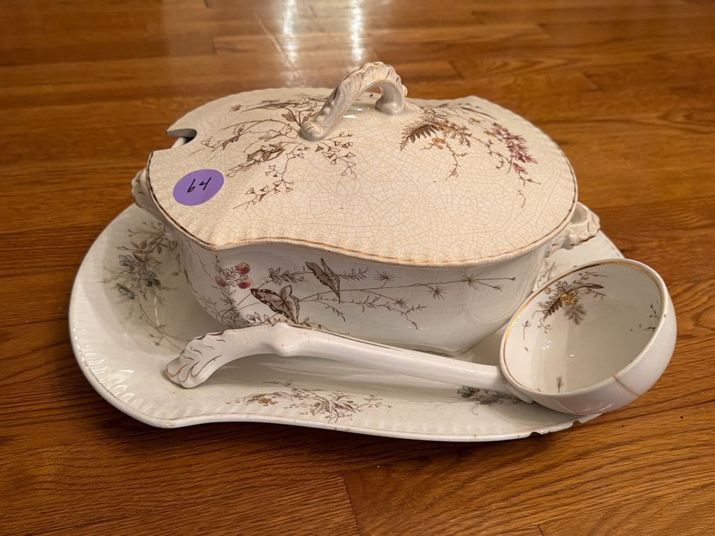 Antique Johnson Bros England Semi Porcelain Tureen with Underplate and Ladle