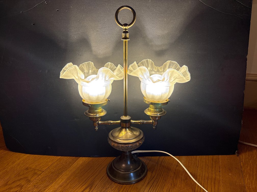 Brass Double Student Lamp with Ruffled Frosted Satin Glass Shades