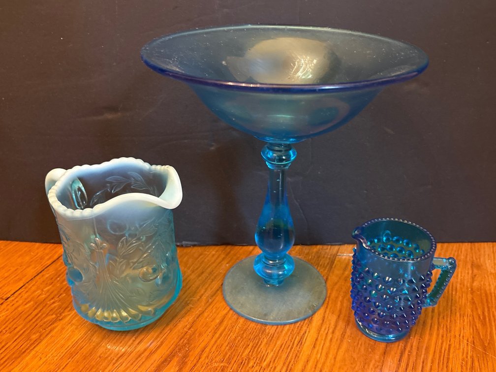 Blue Decorative Glass Lot: Opalescent Creamer, Compote & Hobnail Pitcher