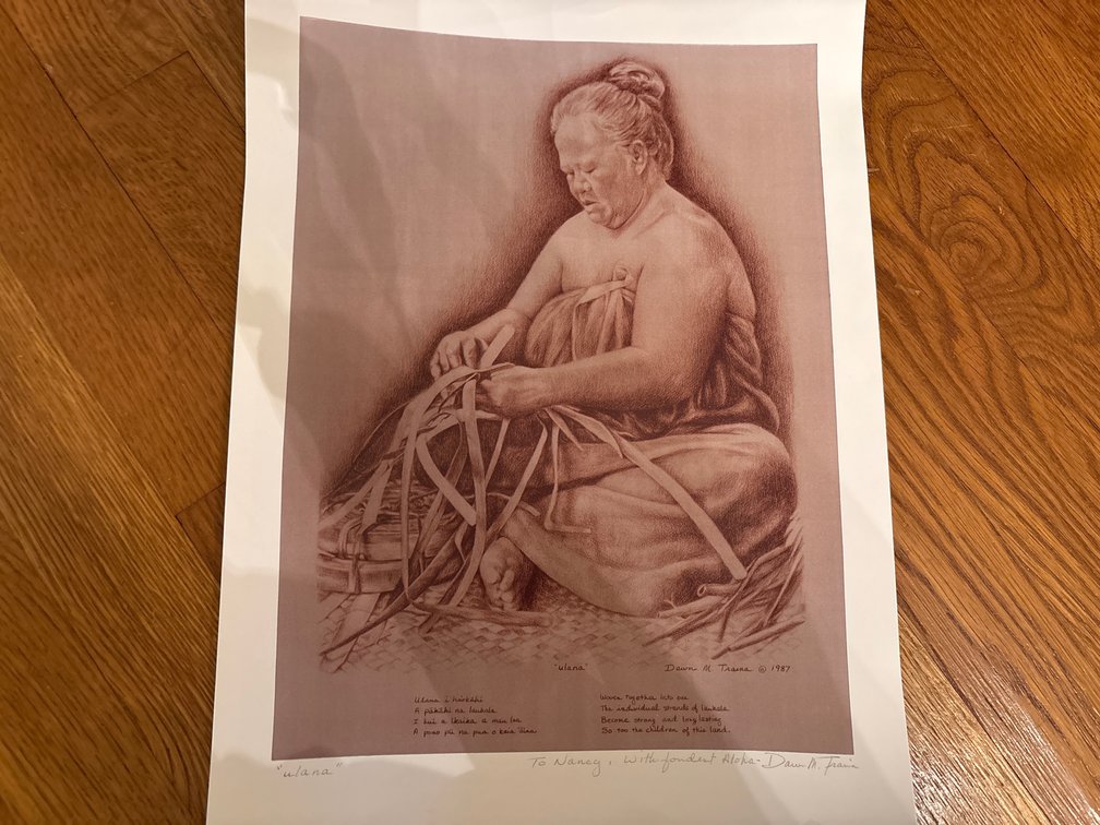 1987 Hawaiian Cultural Art Print "Ulana" - Native Lau Hala Weaver & Ornate Giltwood Style Gold Frame with Beaded Sight Edge & Scroll Carvings
