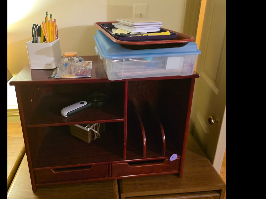 Wooden tabletop desk organizer with a dark reddish-brown finish,