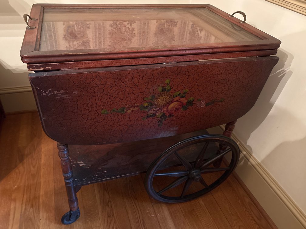 Wooden Tea Cart – Drop-Leaf Bar Cart with Removable Glass Glass Tray & Spoke Wheels