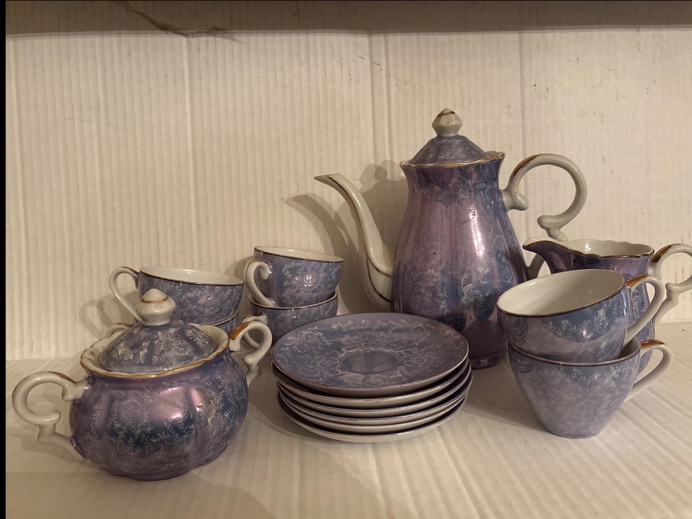 Purple Iridescent Tea Set – Teapot, Sugar, Creamer, Cups & Saucers