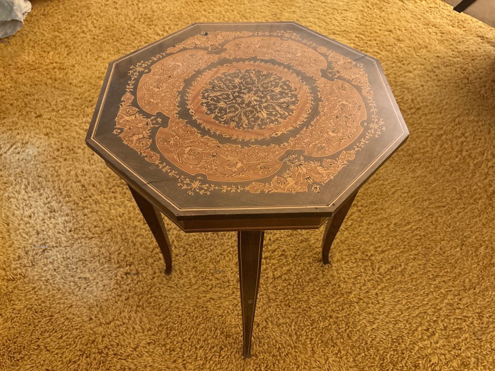 Octagonal Musical Sewing Table with Marquetry Inlay & Storage Compartments