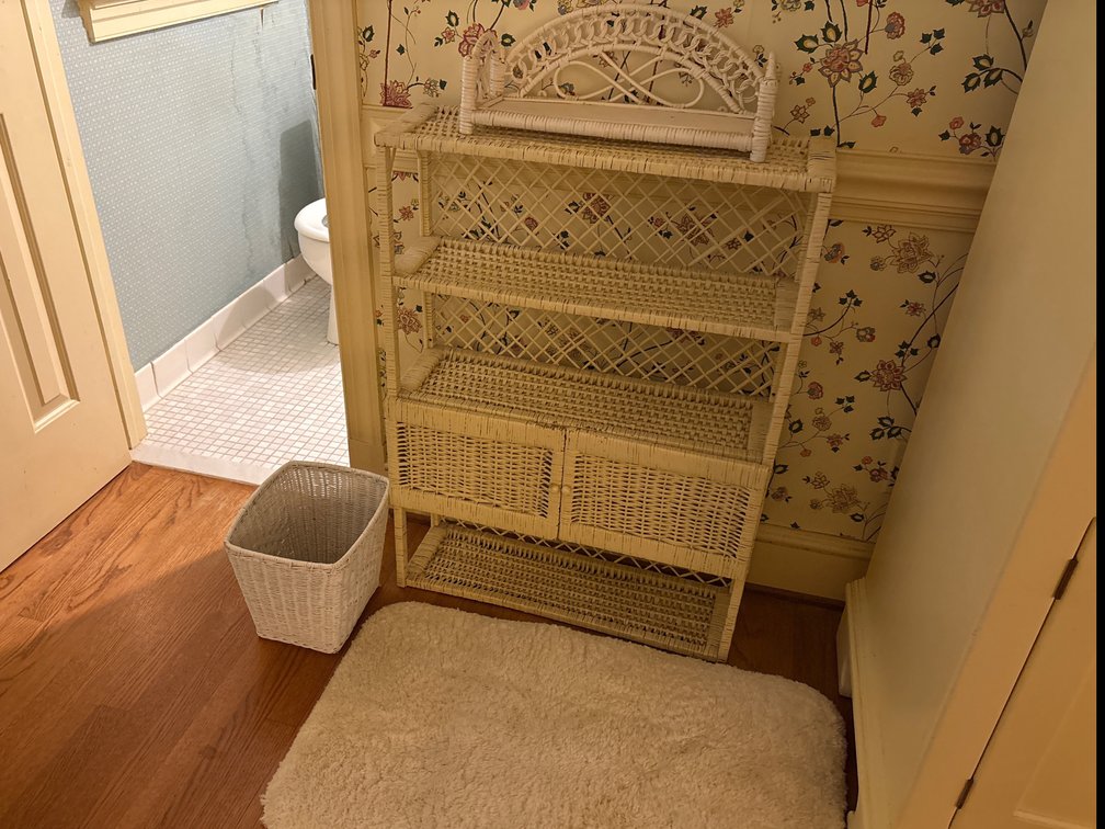 White Wicker Bathroom Shelf Unit with Cabinet and Wastebasket
