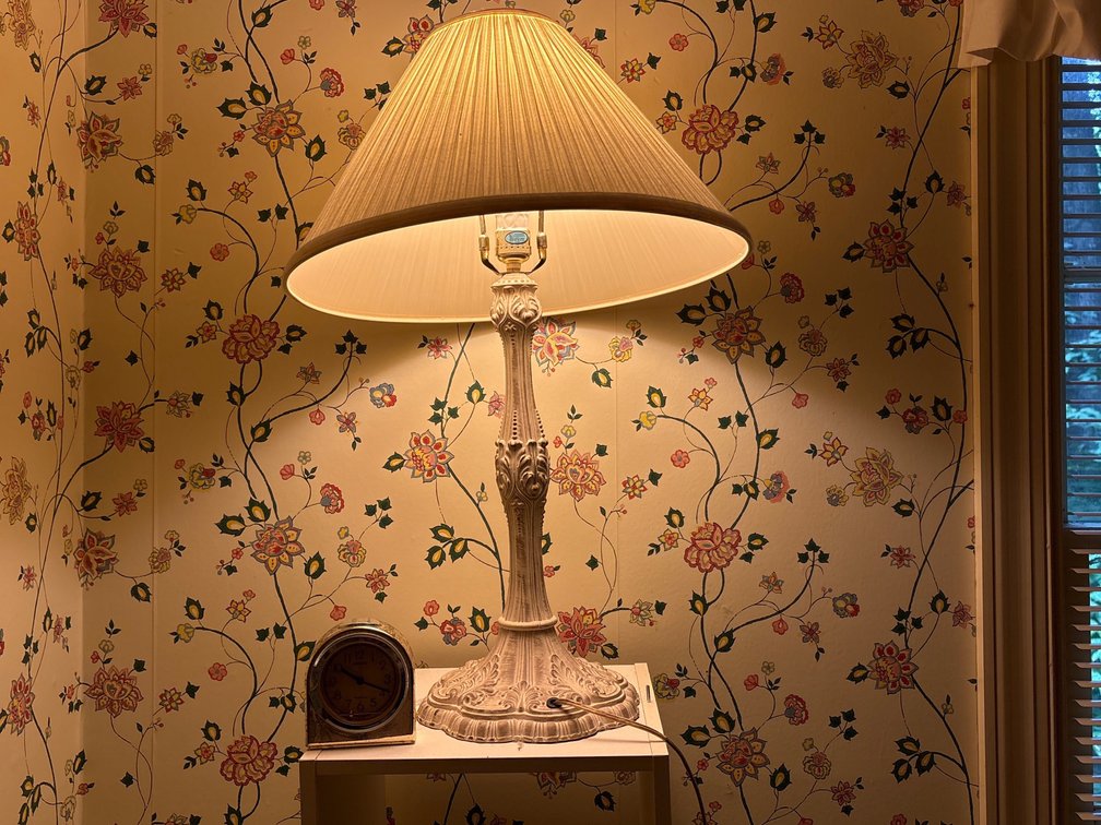 Ornate Metal Table Lamp with Distressed White Finish and Pleated Shade