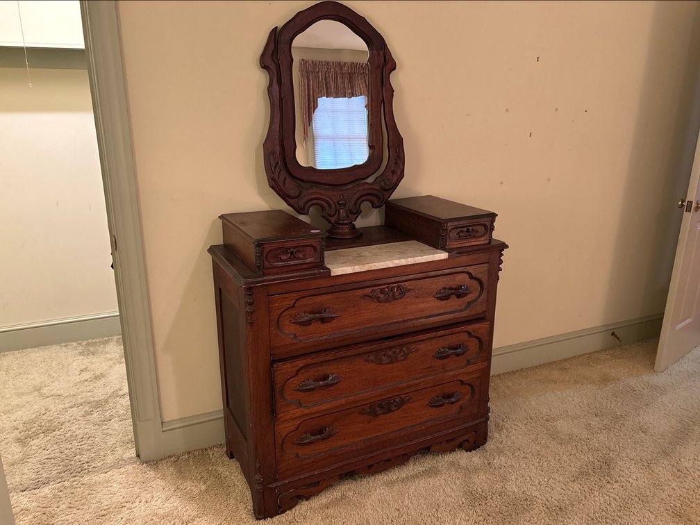 Wood Marble-Top Dresser with Mirror and Handkerchief Boxes