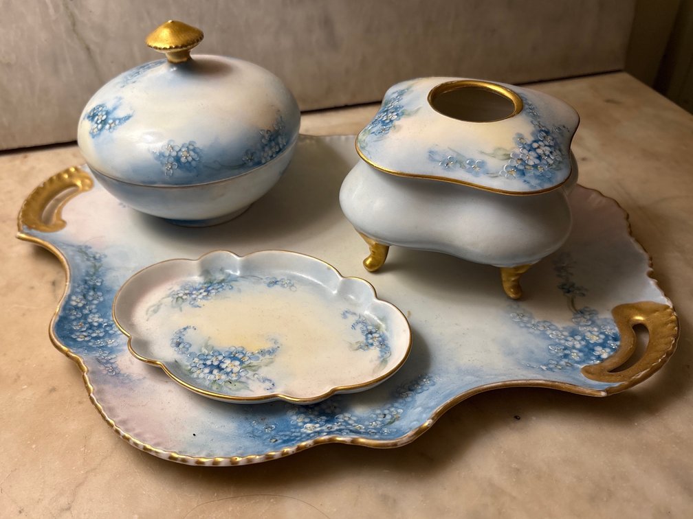 French Limoges Porcelain Vanity Dresser Set with Tray, Covered Jar, and Trinket Box