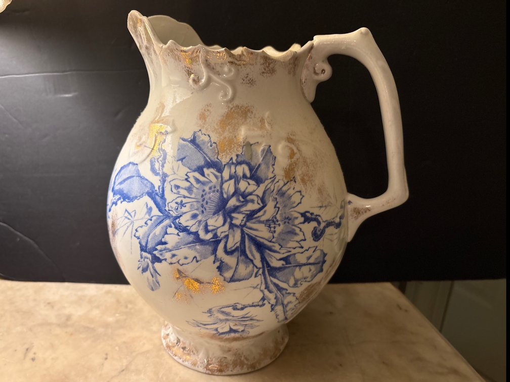 Chelsea China Blue Floral Transferware Pitcher with Gold Gilding