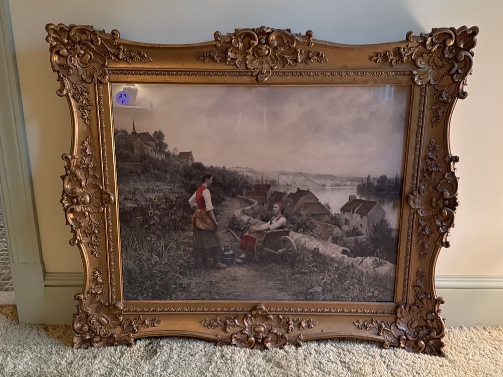 Vintage Ornate Gilt Framed Pastoral Village Art Print