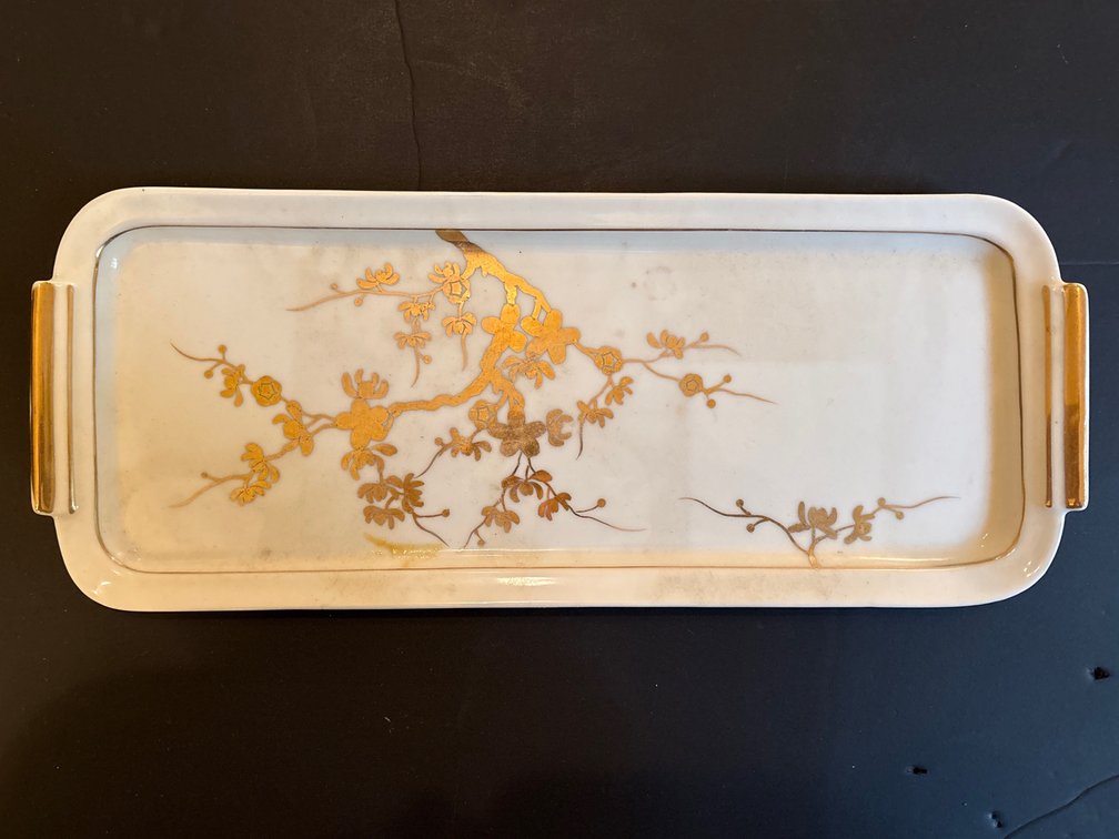 Irice Hand Painted Porcelain Vanity Tray & Trinket Jar Gold Cherry Blossom