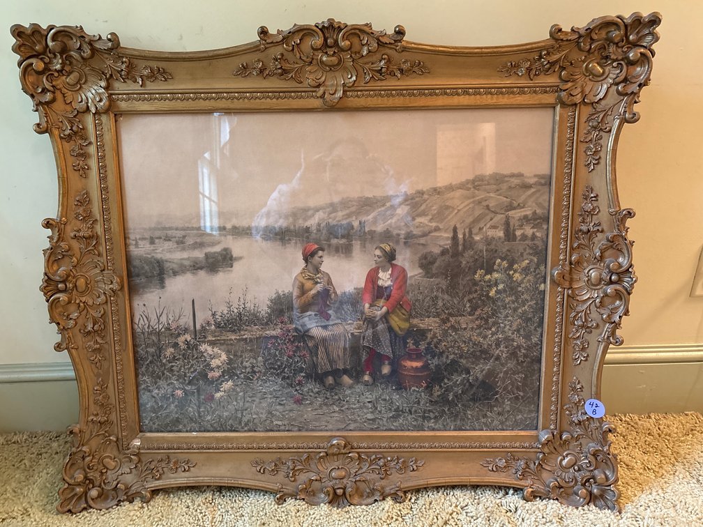 Ornate Gold Framed Pastoral Landscape Print Two Women by River
