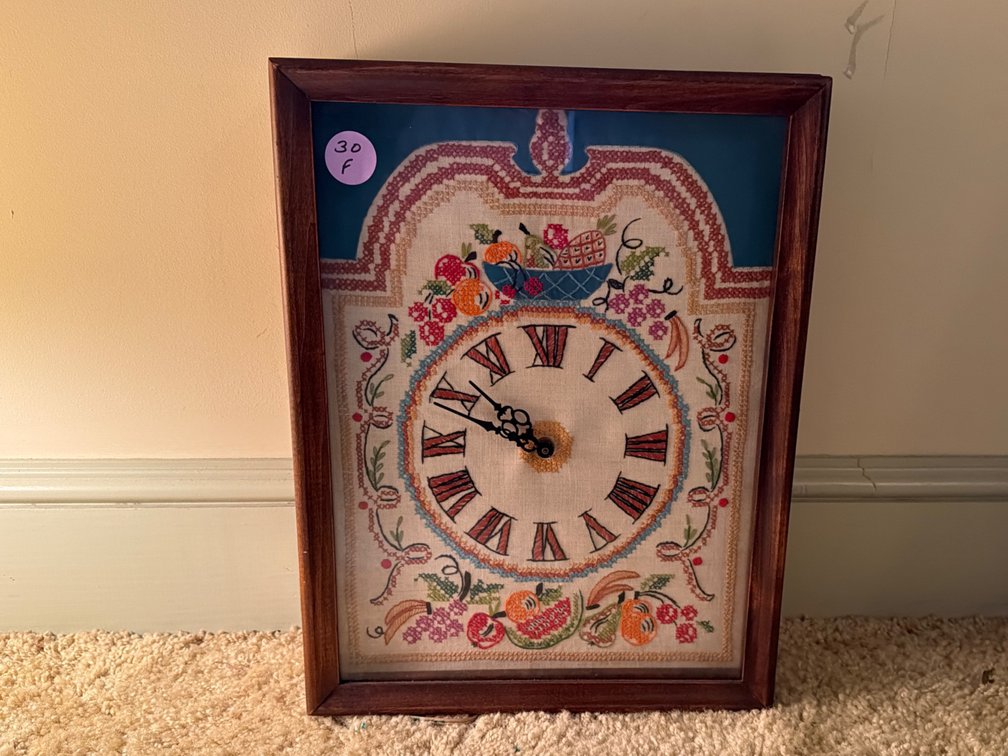 Vintage Framed Needlepoint Grandfather Clock Face Shadowbox
