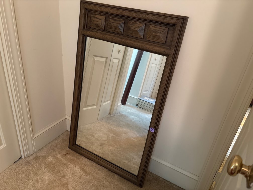 Wood Framed Wall Mirror Geometric Top Detail Architectural Decor