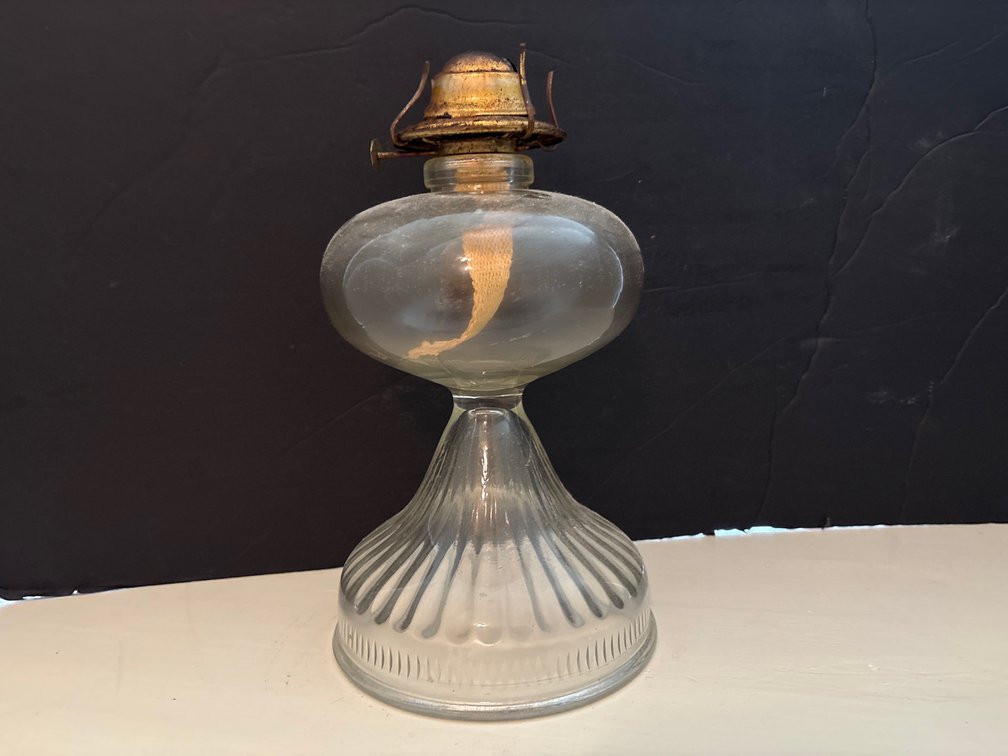 Clear Glass Oil Lamp with Fluted Pedestal Base and Brass Burner