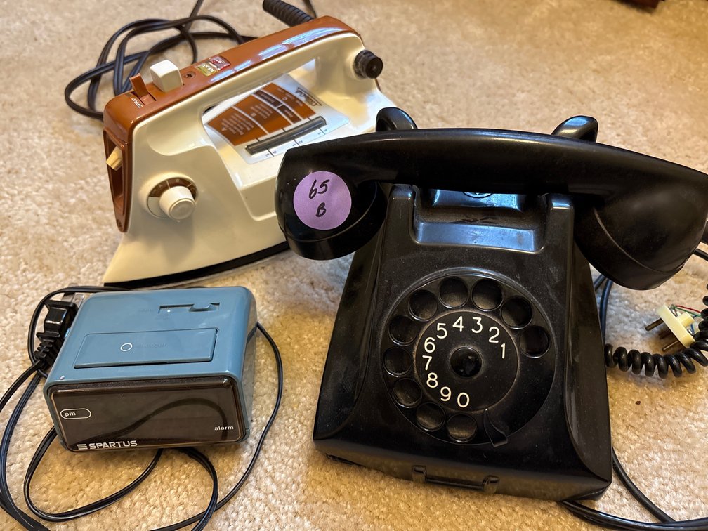 Collectible Lot: Classic Black Rotary Dial Landline Phone, Spartus Alarm Clock & Sears Iron