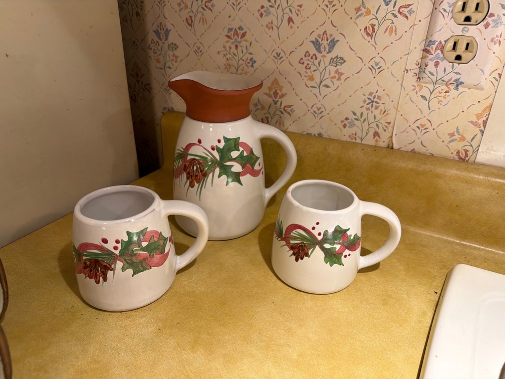 Vintage Emerson Creek Pottery Christmas Pitcher & 2 Mugs Set (1992)