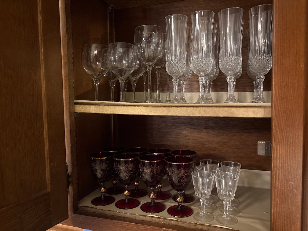 Assorted Stemware Lot: Ruby Red Gold-Trimmed Goblets, Crystal Flutes, & Wine Glasses