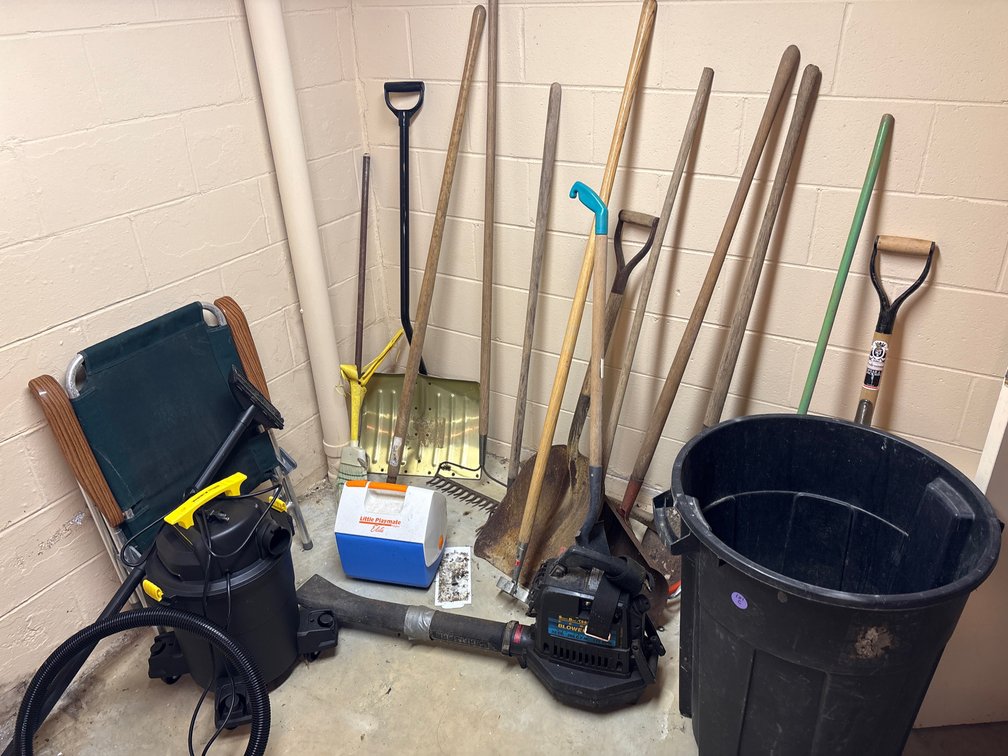 Comprehensive Garage & Yard Tool Lot: Craftsman Gas Leaf Blower, Shop Vac, Shovels, Rakes, and Storage Can