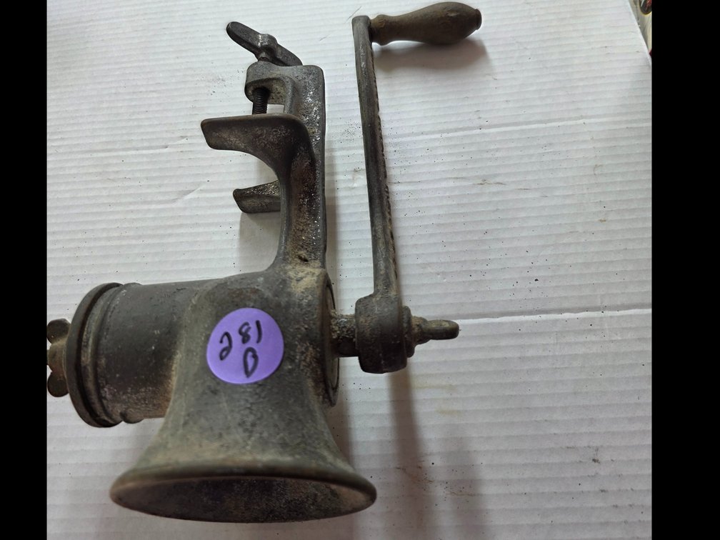 Vintage cast-iron manual hand-crank meat grinder,Landers, Frary & Clark (L.F. & C.) of New Britain, Connecticut.