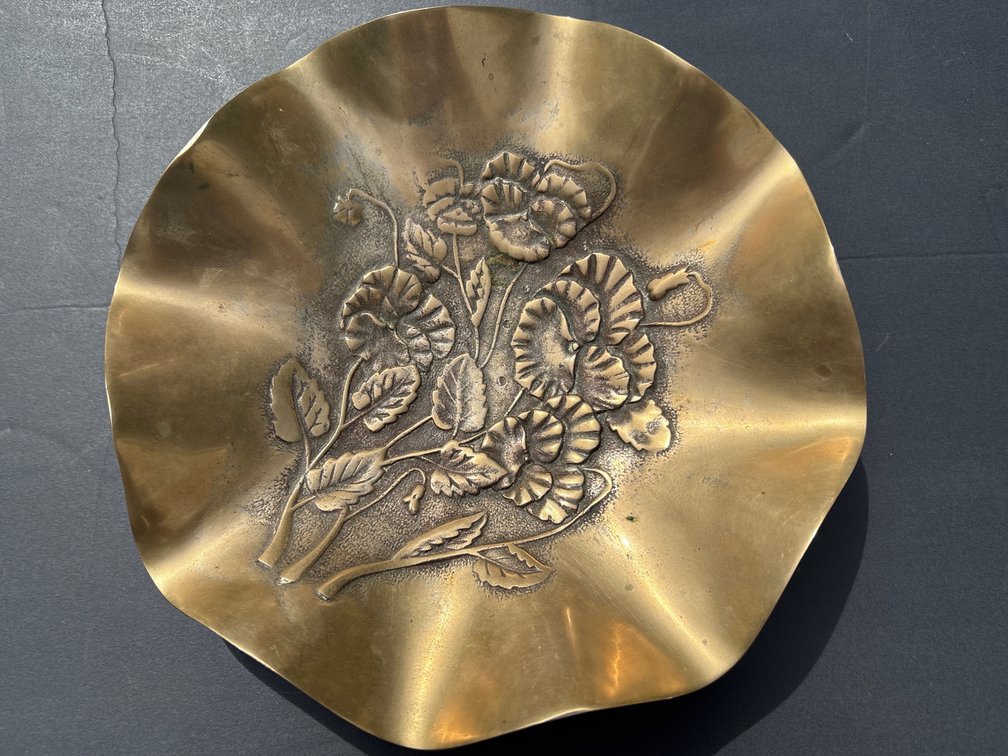 Brass Scalloped Bowl Dish with Embossed Floral Pansy Design Made in Korea