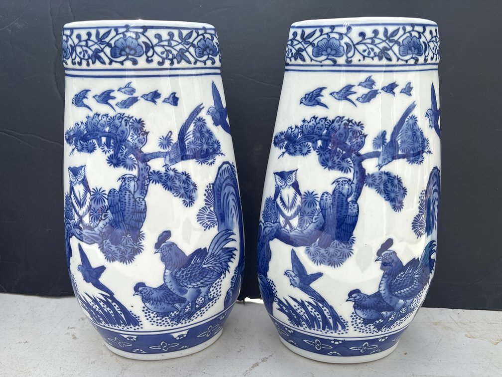 Baum Brothers Blue & White Ceramic Mantel Vases Rooster and Tree Design
