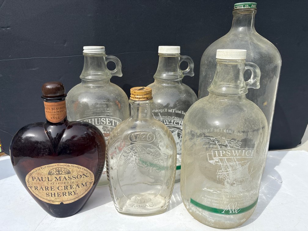 Glass Bottles and Jugs Lot: Paul Masson Heart Sherry and Ipswich Ale