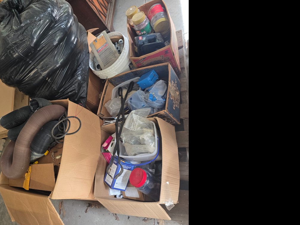 Pallet lot of Shop/ Garage  Accessories,  Hose, Nails, plumbing, electrical,  etc