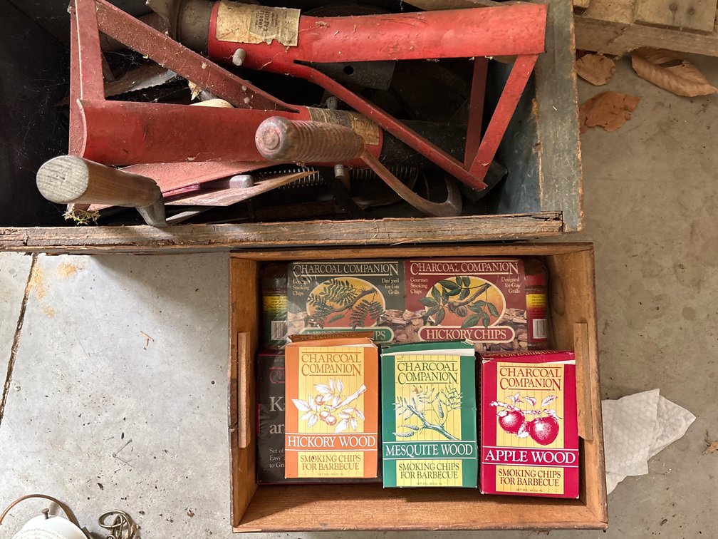 Wooden Crates Lot with Charcoal Companion Smoking Wood Chips & Tools