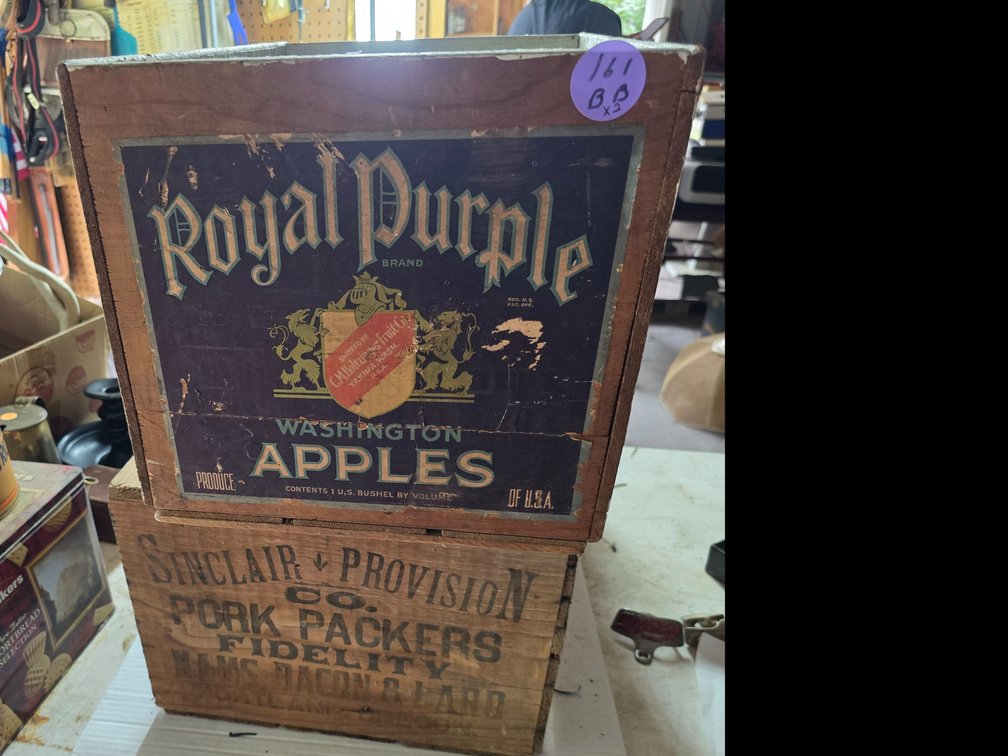 Wood Advertising  crates, Royal Purple Apples, Sinclair Provision Pork Packers
