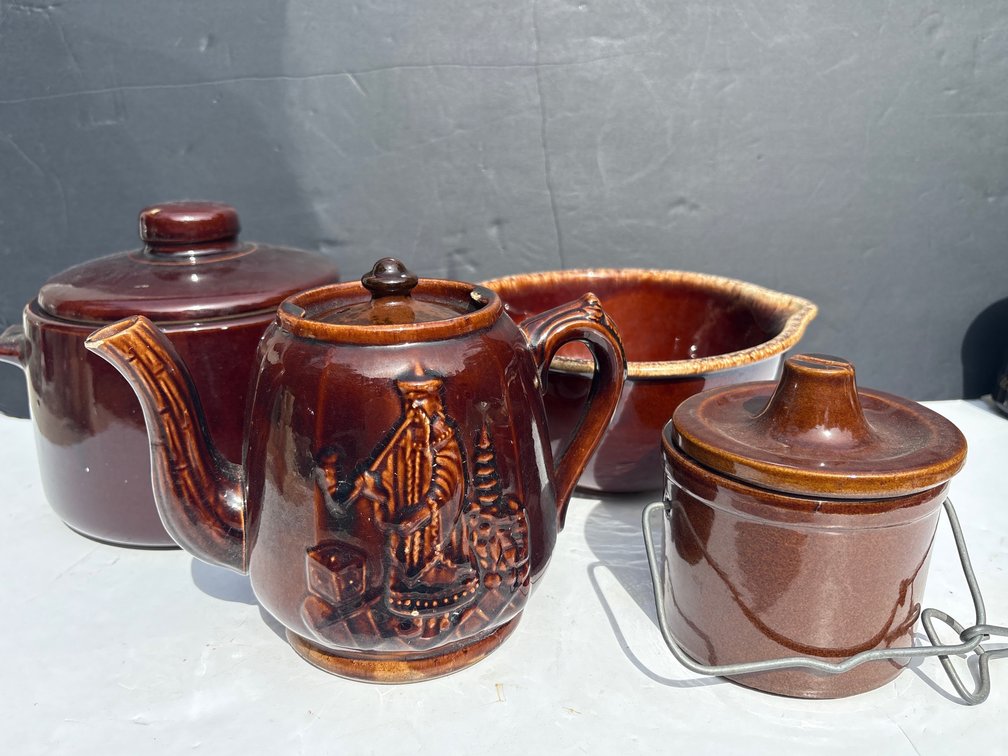 Drip Glaze Pottery Lot Teapot Casserole Dish Batter Bowl and Jar