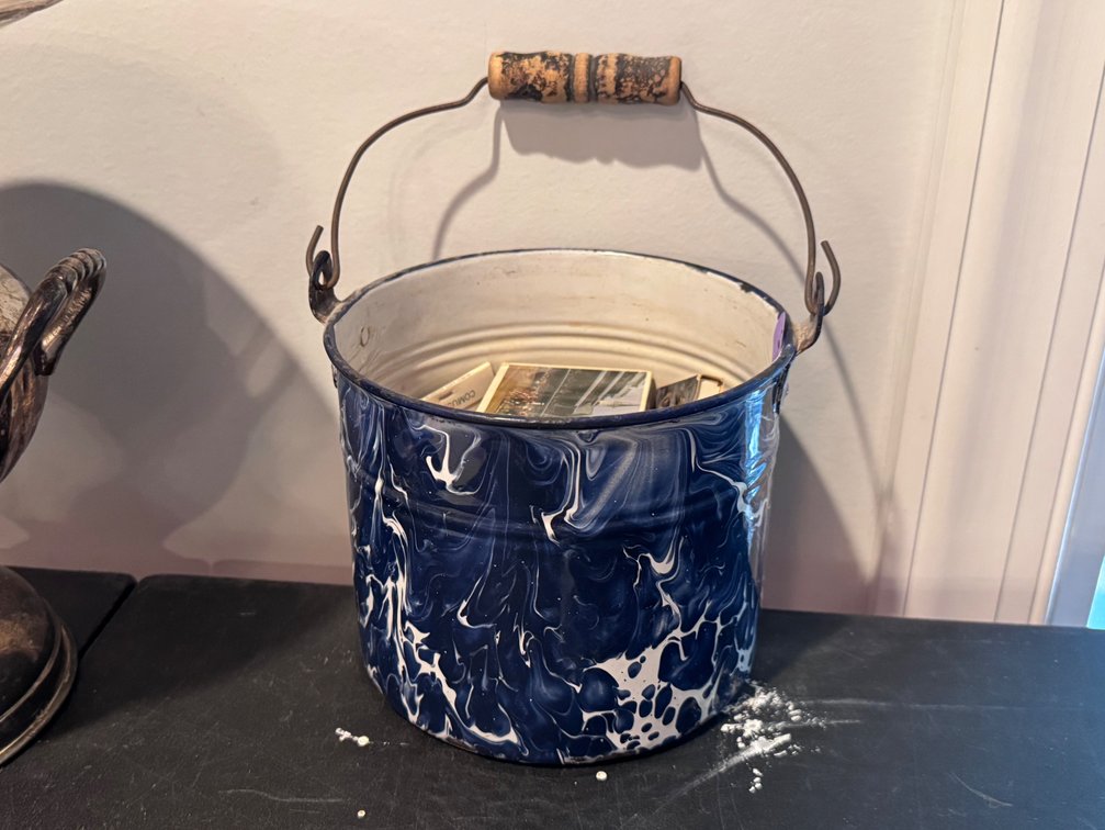 Vintage Blue Agateware Pail with Matchbook Collection