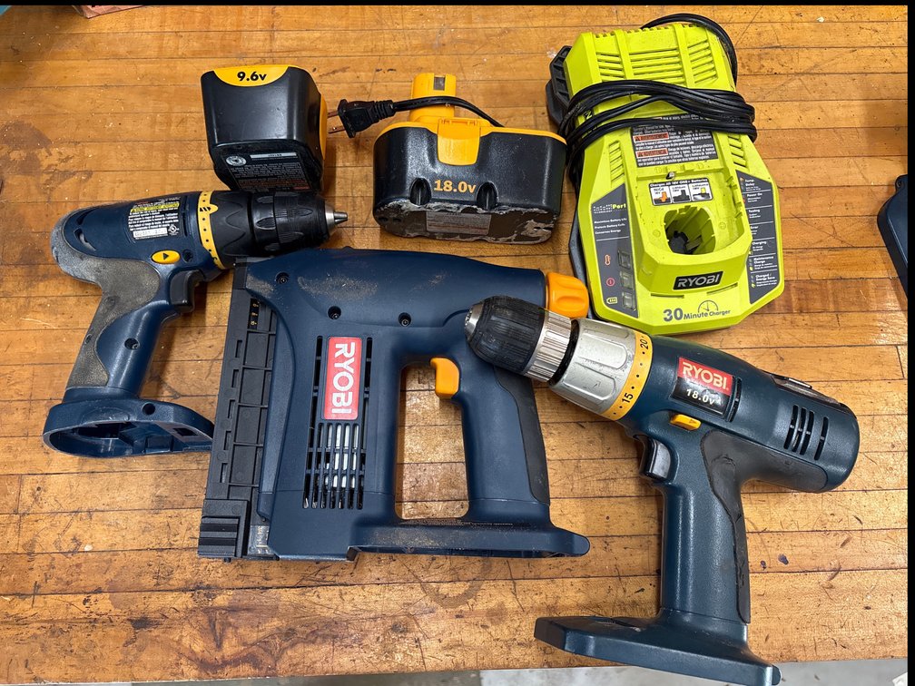 Ryobi Cordless Power Tool Lot – Brad Nailer, Drill Drivers, 18V & 9.6V Batteries, Charger (x3)