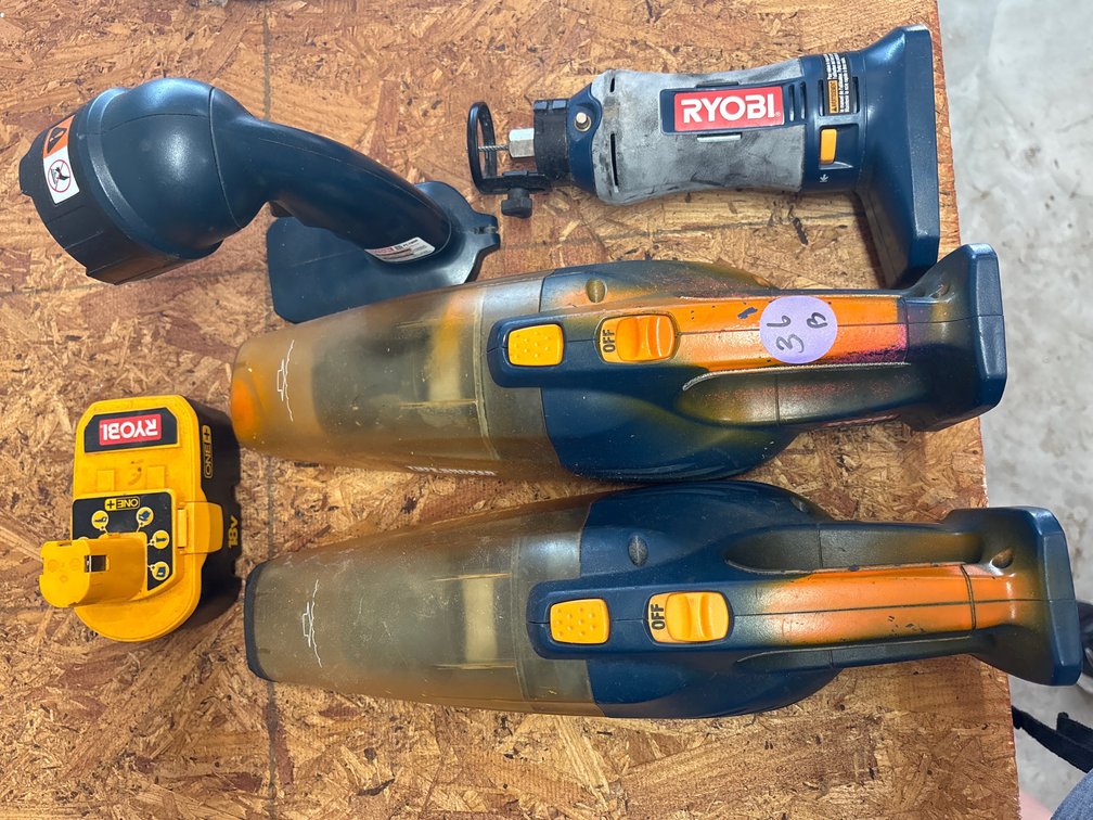 Ryobi 18V Cordless Power Tool Lot – Hand Vacuum, Rotary Cut-Out Tool, Flashlight & Charger (x4)