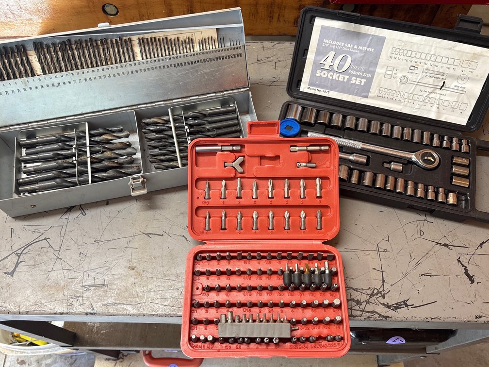 Workshop Tool Set Lot: Drill Bit Index Metal Case, Driver Bit Kit & Sockets