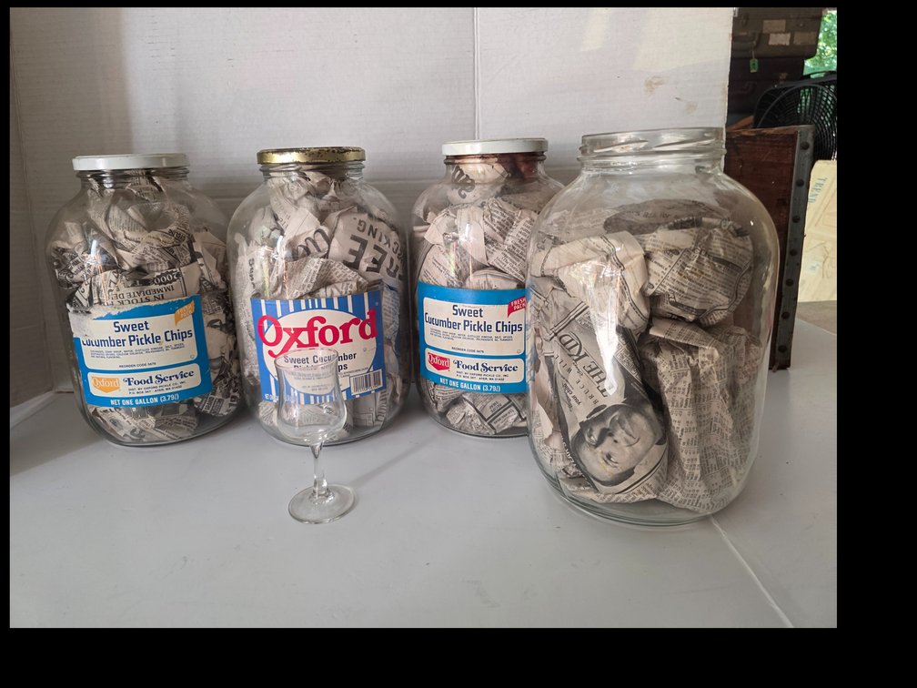 4 (1) Gallon Jars, with Sherry Glasses,